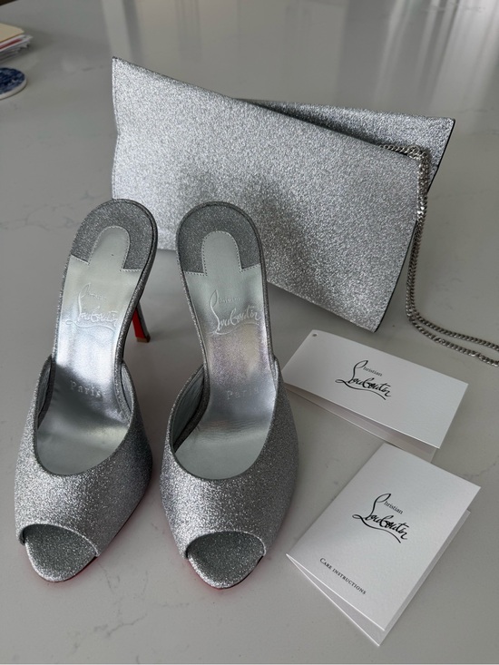 Christian Louboutin Shoes - Christian Louboutin Silver Glitter Peep-Toe Mules with Red Soles